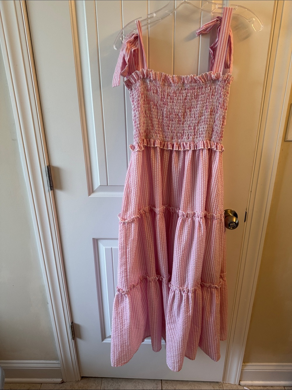 Pink Searsucker Tie-Shoulder Smocked Dress - Picture 4 of 4